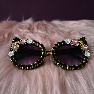 Floral Embellished Cat-Eye Sunglasses - Black and Gold (NWOT)